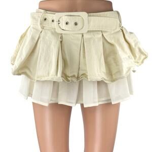 Loba Women's Cream White Pleated Ruffled Belted Mini A-Line Flared Skirt Size S